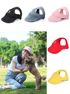 Adjustable dog sun cap with ear holes for stylish UV protection and comfort.

