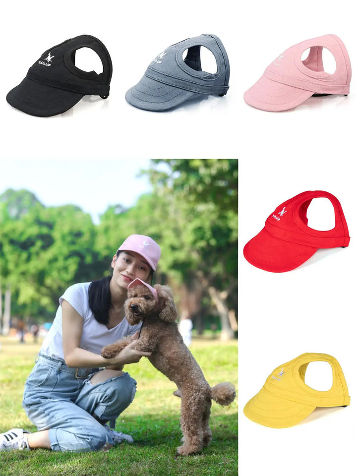 Adjustable dog sun cap with ear holes for stylish UV protection and comfort.
